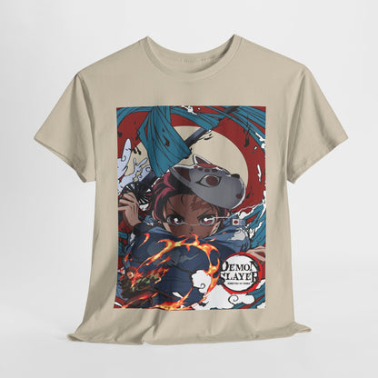 Luxury beige t-shirt featuring a captivating anime design inspired by Demon Slayer, showcasing a fierce character amidst swirling flames and dramatic graphics.