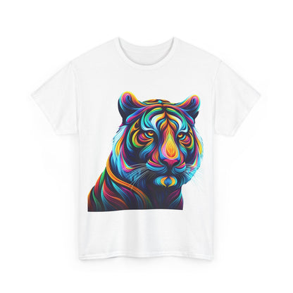 Tiger's Whimsy Graphic Unisex T-Shirt in white, displaying a stunning kaleidoscope tiger illustration, perfect for vibrant fashion lovers.