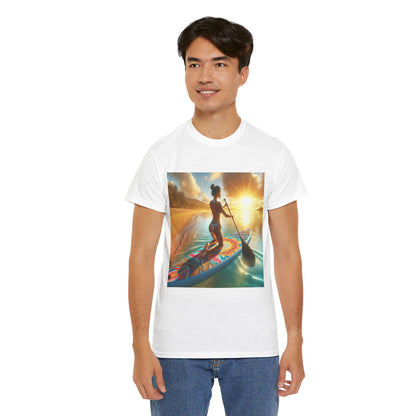 Elegant illustration of paddleboarding reflected in the water on a luxurious t-shirt from Dazzling Dreams Studio, perfect for water adventure enthusiasts.