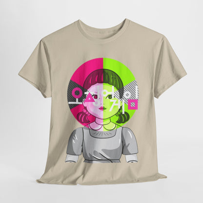 Squid Game Unisex Graphical Cotton Funny T-Shirt featuring vibrant print of iconic character, representing urban style and playful rebellion.