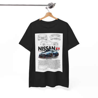 Nissan GTR R35 T-Shirt featuring a stylish design with technical specs and a striking image of the car, embodying luxury and performance.