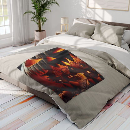 Luxuriously styled Decorative and Warm Halloween Spooky Arctic Fleece Blanket on a chic bed, adding a festive touch of Halloween charm to your bedroom décor.