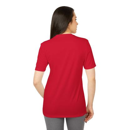 Back view of the vibrant red Adidas Unisex Halloween Lady of Pop T-shirt, perfect for stylish layering throughout the Halloween season.