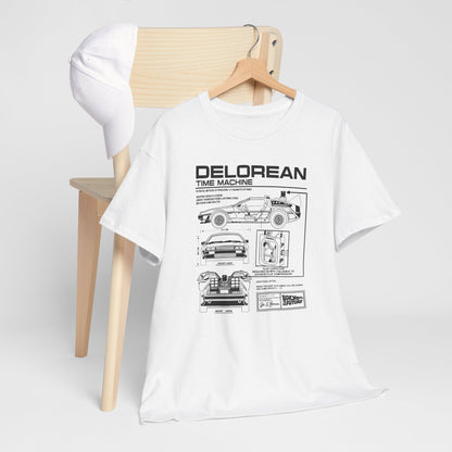 A luxurious white t-shirt featuring a detailed technical drawing of the DeLorean time machine from Back to the Future, elegantly displayed on a minimalist wooden chair alongside a stylish white cap.