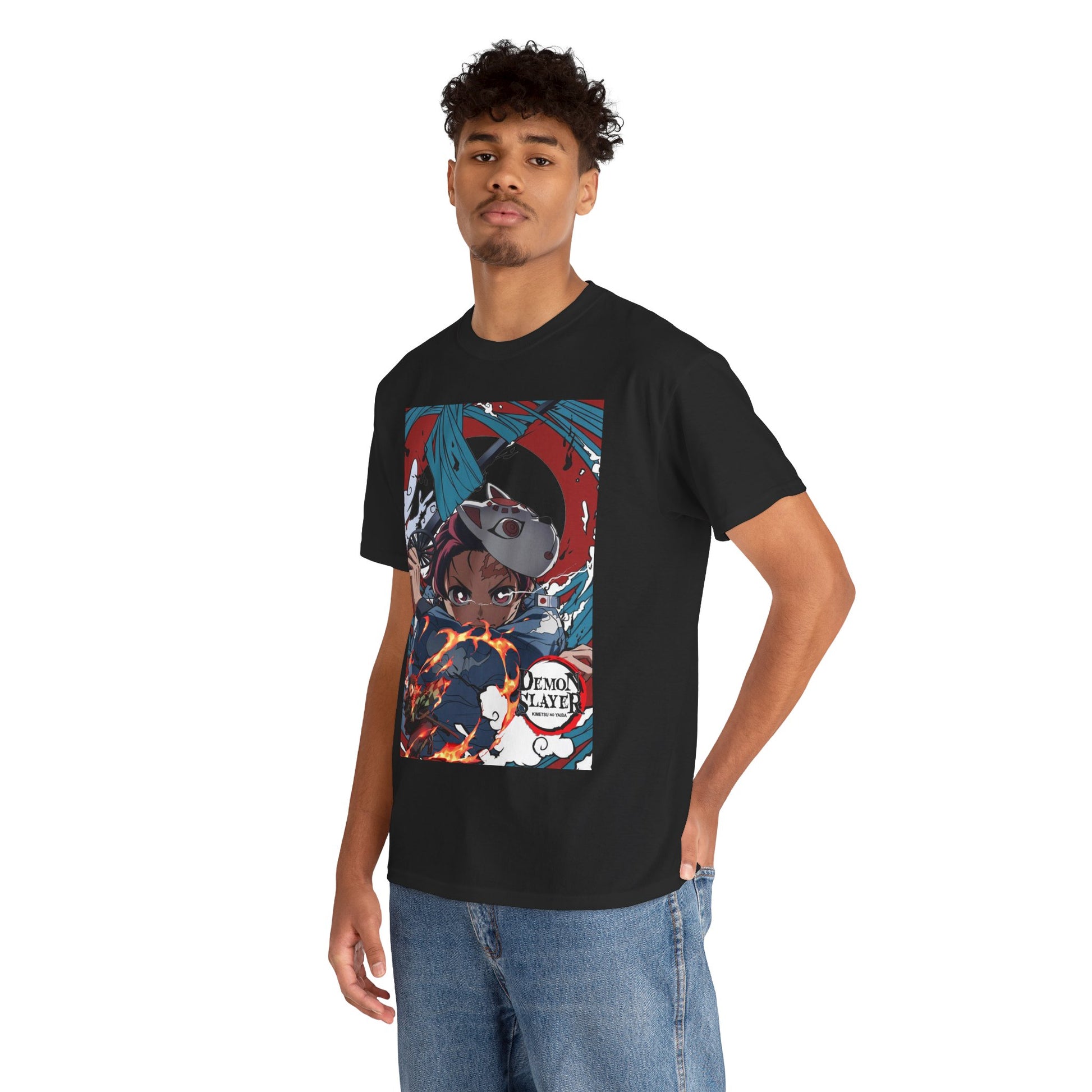 Fashionable male model wearing a sleek black t-shirt featuring an iconic Demon Slayer design, exemplifying modern anime fashion.