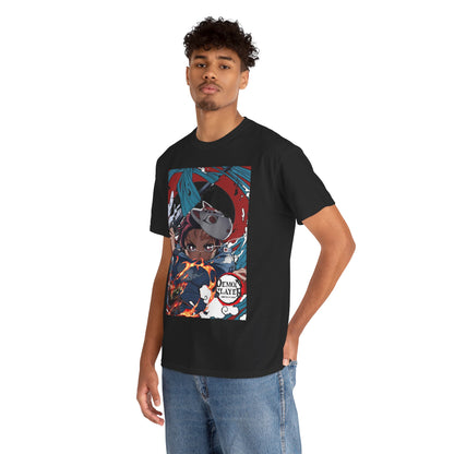Fashionable male model wearing a sleek black t-shirt featuring an iconic Demon Slayer design, exemplifying modern anime fashion.