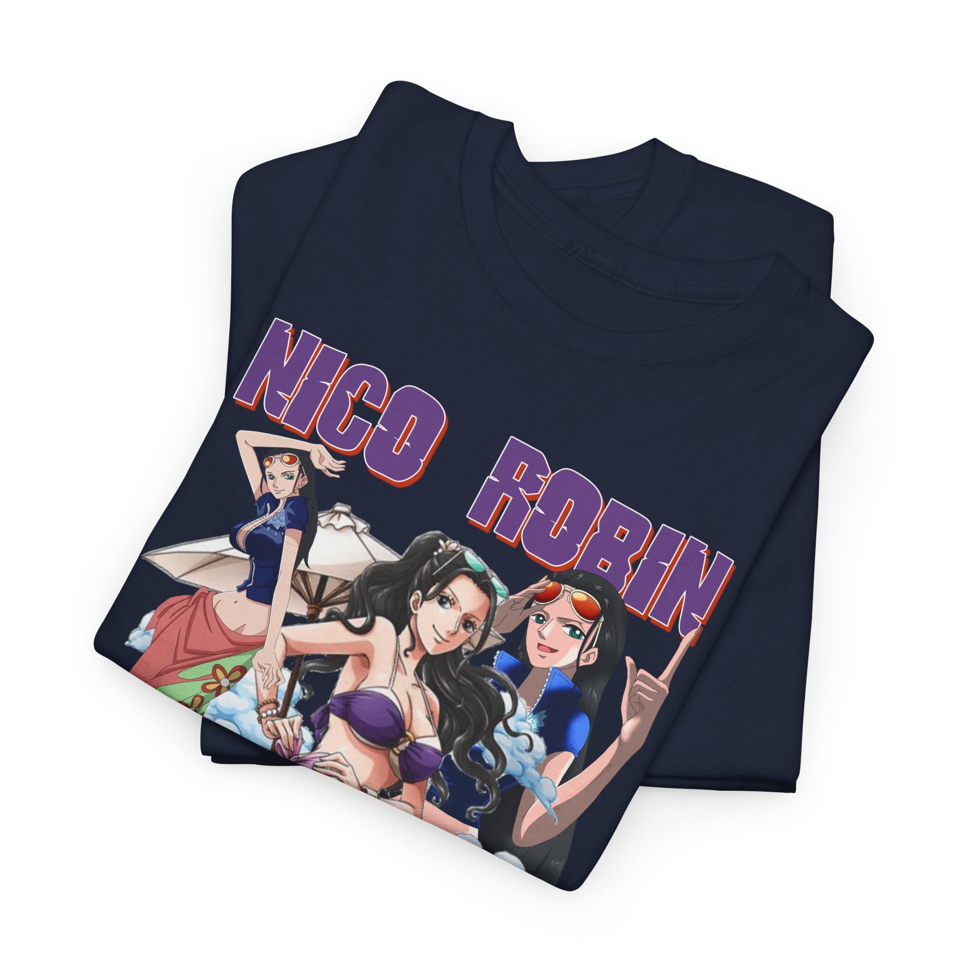 Luxurious navy blue t-shirt featuring vibrant anime characters by the beach, showcasing Nico Robin and friends in stylish swimwear.