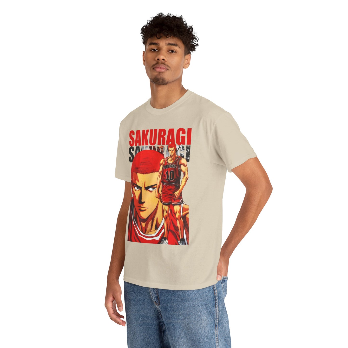 Stylish male model wearing a luxurious beige t-shirt adorned with captivating artwork of Sakuragi from Slam Dunk, exemplifying contemporary anime fashion.