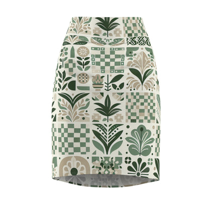 Evelyn Atelier Pencil Skirt with contemporary checkerboard print in pale green and white by Dazzling Dreams Studio, showcasing elegance and luxury.