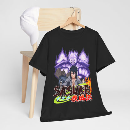 Sophisticated styled image of a black Sasuke graphic tee on a minimalist chair next to a matching cap, highlighting its unique anime-inspired artistry.