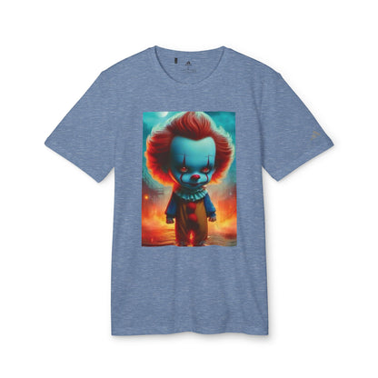 Adidas Unisex Halloween Pennywise Cute T-shirt in heather blue, showcasing a charming Pennywise design for a playful approach to Halloween fashion.