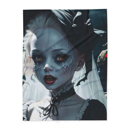 Close-up view of a Halloween Arctic fleece blanket showcasing a striking girl with eerie makeup and a captivating gaze, ideal for enhancing your festive atmosphere with luxury.