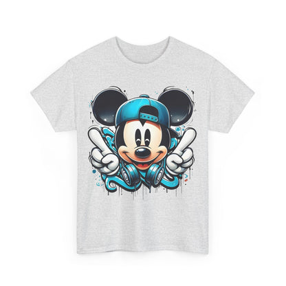 Mickey Mouse Graffiti Unisex Graphic T-Shirt featuring a vibrant design with Mickey wearing a teal baseball cap and oversized headphones, radiating joyful energy and creativity.