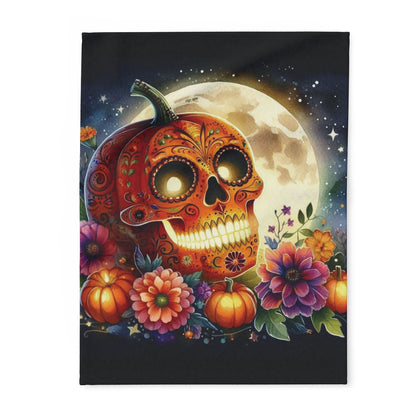 Decorative and Warm Halloween Spooky Arctic Fleece Blanket featuring a vibrant design with a decorative skull pumpkin, surrounded by enchanting flowers and a glowing moon, perfect for adding an elegant touch to your Halloween decor.