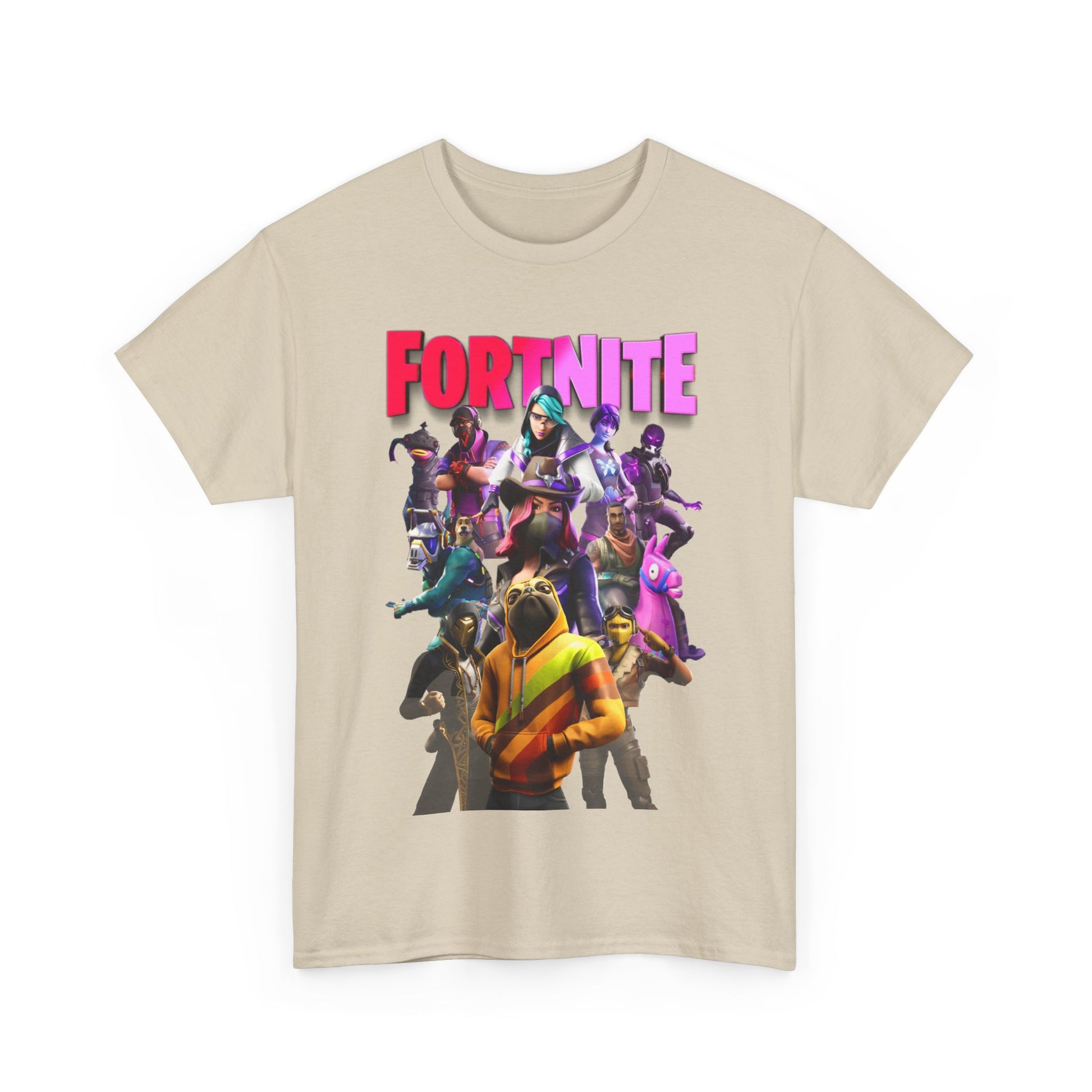 Elegant display of the Luxury Fortnite Squad Drip T-Shirt in a soft beige shade, highlighting bold graphics and design.