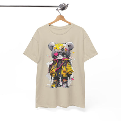 Stylish men's t-shirt with a panda bear design, elegantly displayed on a hanger, embodying urban chic fashion.