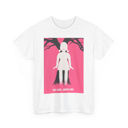 Elegant Squid Game Unisex Men's and Women's Graphic Cotton T-Shirt featuring a striking design inspired by the iconic 'Red Light, Green Light' scene, ideal for urban street style.