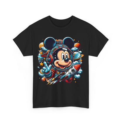 Luxury Blast Off with Mickey Astronaut Graphic Unisex Graphic Tee Shirt in black, featuring a lively design of Mickey Mouse in an astronaut suit against a cosmic backdrop.