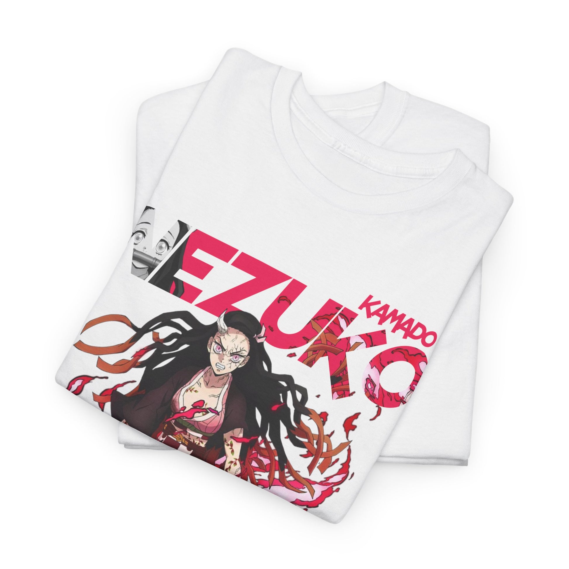 Stacked view of two luxurious white Nezuko Kamado T-shirts showcasing striking anime imagery, ideal for trendy fashion aficionados.