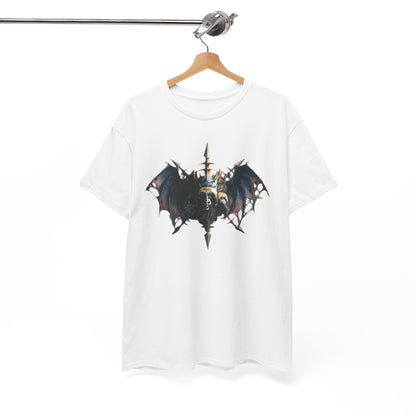 Fashionable white t-shirt displayed on a wooden hanger, featuring a striking warlord graphic, merging comfort with fantasy art elegance.
