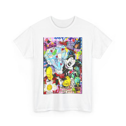 Mickey Mouse Graffiti Graphic Unisex T Shirt Tee in white adorned with vibrant graffiti art, making a bold fashion statement for creative individuals.