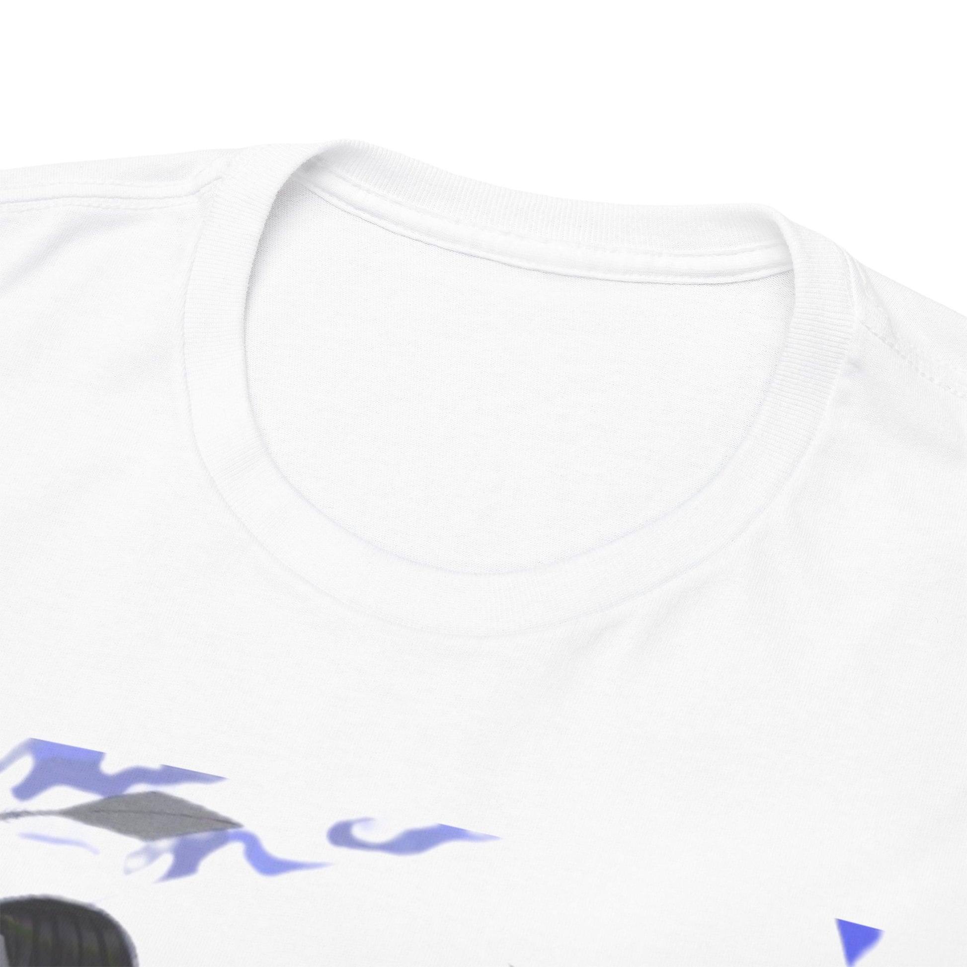 Close-up of the neckline of a premium white T-shirt featuring an elegant design suited for fans of Hunter x Hunter.