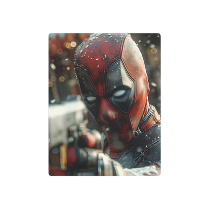 Close-up view of the Stunning Deadpool Metal Art Poster featuring intricate details of Deadpool’s mask, a chic addition to stylish interiors.