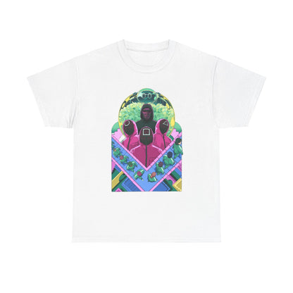 Stylish Squid Game-inspired unisex graphic tee featuring an intricate design of characters in vibrant colours, perfect for urban fashion enthusiasts.
