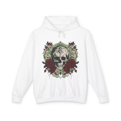 Unisex Lightweight Hooded Sweatshirt featuring a unique designer skull and roses motif, elegantly displayed on a white fabric, exuding style and comfort.