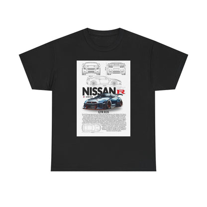 Elegant Nissan GTR R35 T-Shirt in black, displaying a stunning technical illustration and detailed specifications of the iconic car, ideal for style-savvy car lovers.