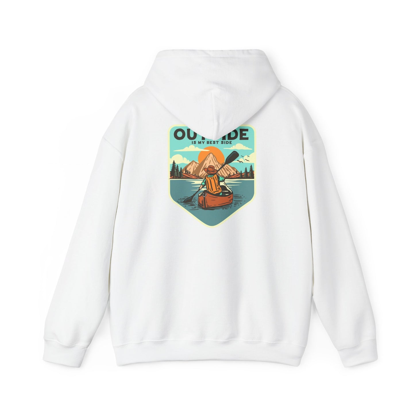 Luxury white hoodie featuring a retro kayaker design on the back, surrounded by mountains and a serene lake at sunrise, with the inspiring phrase 'OUTSIDE IS MY BEST SIDE'
