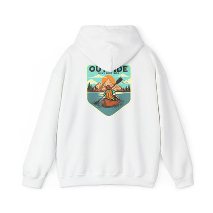 Luxury white hoodie featuring a retro kayaker design on the back, surrounded by mountains and a serene lake at sunrise, with the inspiring phrase 'OUTSIDE IS MY BEST SIDE'
