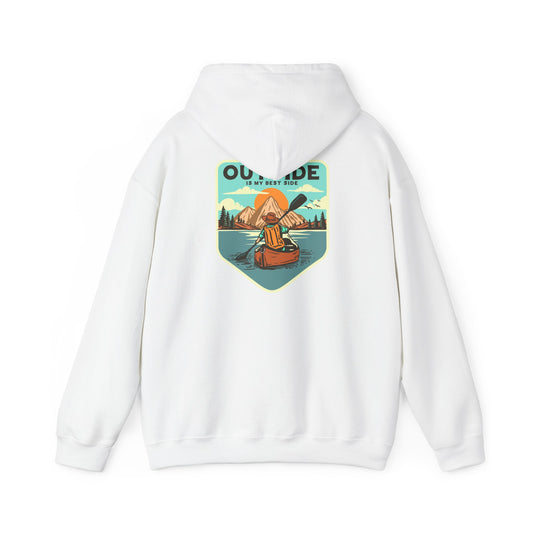 Luxury white hoodie featuring a retro kayaker design on the back, surrounded by mountains and a serene lake at sunrise, with the inspiring phrase 'OUTSIDE IS MY BEST SIDE'