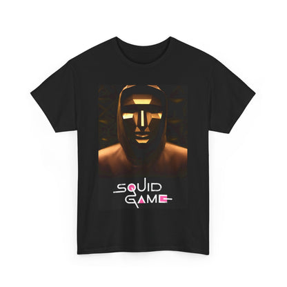 Sophisticated black graphic tee inspired by Squid Game, showcasing an iconic character and logo, ideal for stylish individuals seeking to express their fandom with flair.
