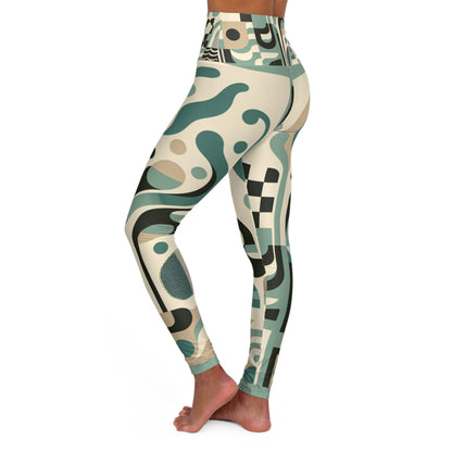 Model wearing Vivienne Starlight High-Waisted Leggings by Dazzling Dreams Studio, demonstrating the flattering high-waisted fit and stylish abstract patterns during a yoga session.