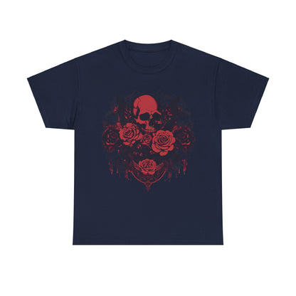 Skulls and Roses Cotton Tee, unisex graphic shirt featuring a striking skull motif with red roses on a navy background, showcasing edgy alternative fashion.