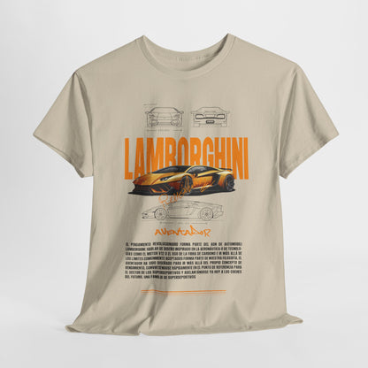 Dynamic front perspective of a beige Lamborghini Aventador graphic t-shirt, adorned with detailed car illustrations and striking text, exemplifying luxury lifestyle.
