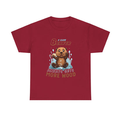An elegant maroon unisex graphic cotton tee showcasing a charming cartoon beaver, splashing happily in water, with the catchy phrase ‘A CLEAN BEAVER’ and ‘ALWAYS GETS MORE WOOD’—ideal for a stylish outdoor escape.