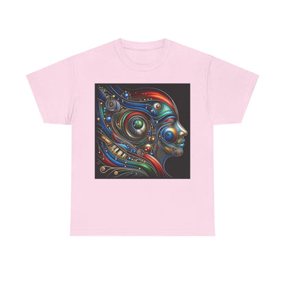 Stained Glass Dreams Unisex T-Shirt featuring a vibrant, abstract artwork of a human face, showcasing intricate designs and colourful details, set against a soft pink background.