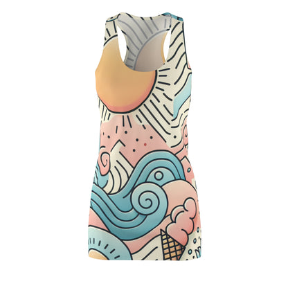 Ariella Phoenix Racerback Dress by Dazzling Dreams Studio featuring vibrant pastel sun and wave patterns, perfect for modern summer fashion.