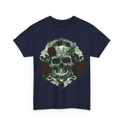 Front view of the Skulls and Roses Cotton Tee, featuring an intricate skull and rose graphic, perfect for alternative fashion enthusiasts.