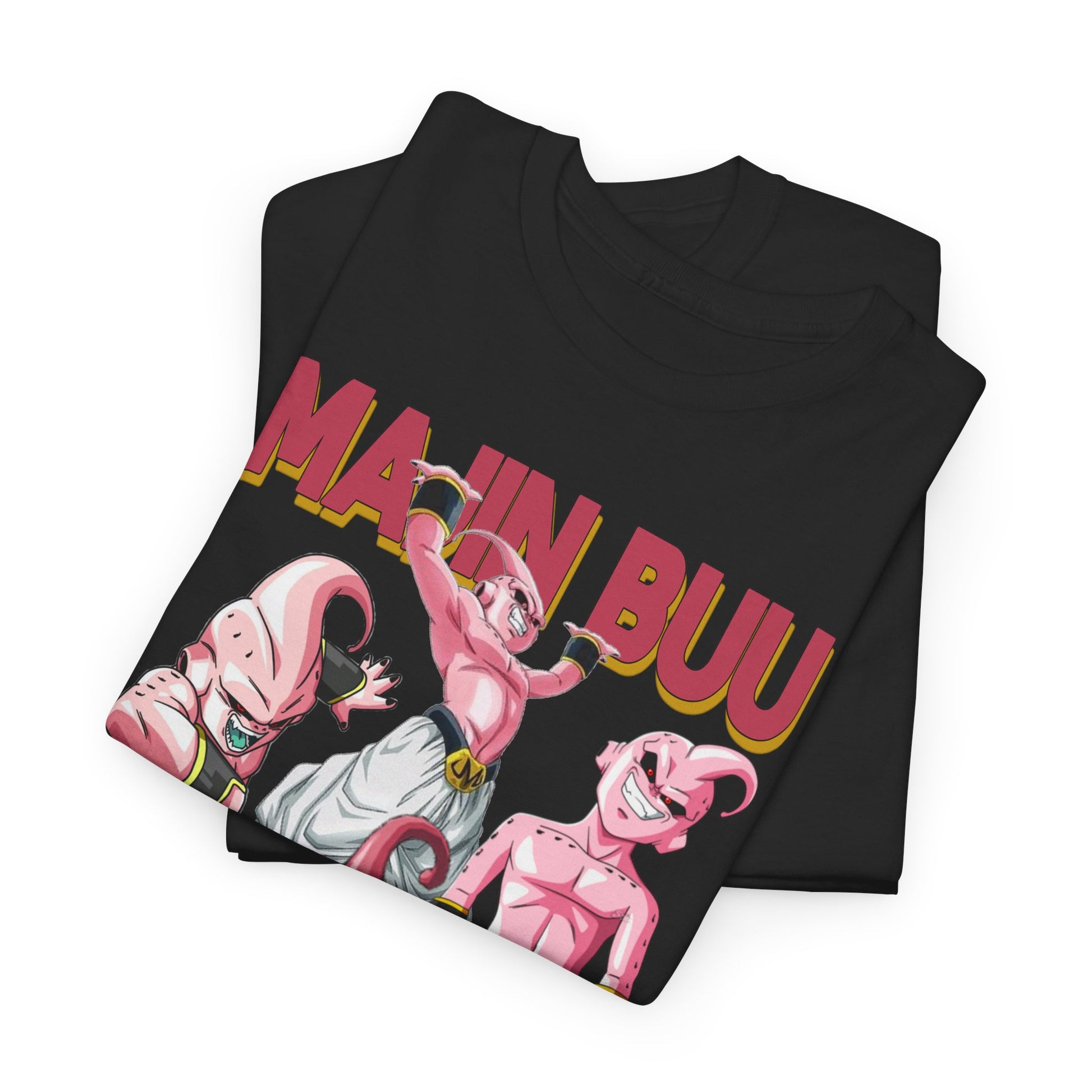 Elegantly folded Majin Buu T-shirt displaying vibrant graphic art, emphasising the bold imagery and text 'MAJIN BUU,' making it an exquisite addition to any streetwear or anime collection.