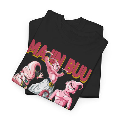 Elegantly folded Majin Buu T-shirt displaying vibrant graphic art, emphasising the bold imagery and text 'MAJIN BUU,' making it an exquisite addition to any streetwear or anime collection.
