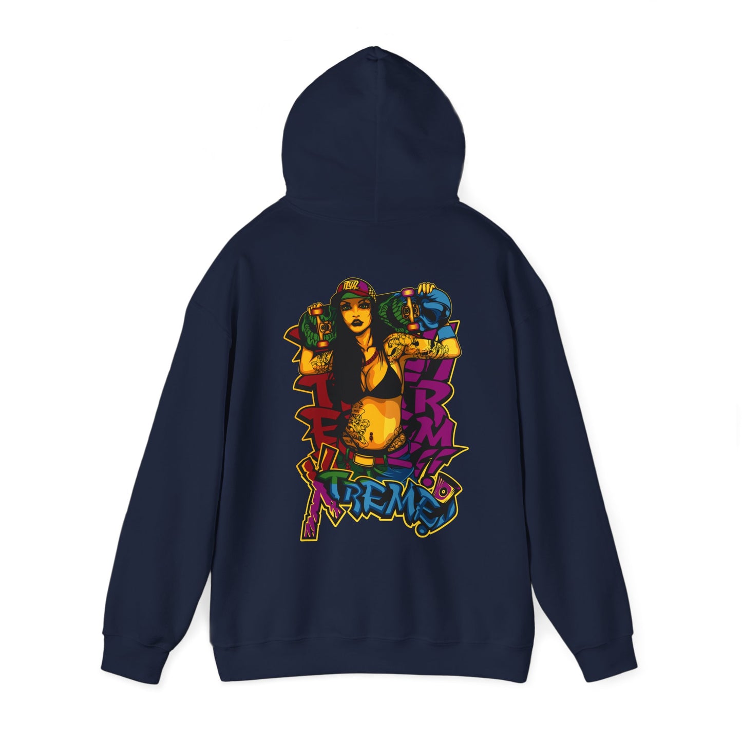Luxurious navy hoodie featuring vibrant street art graphic of a confident girl with skateboards, epitomising contemporary skate culture.