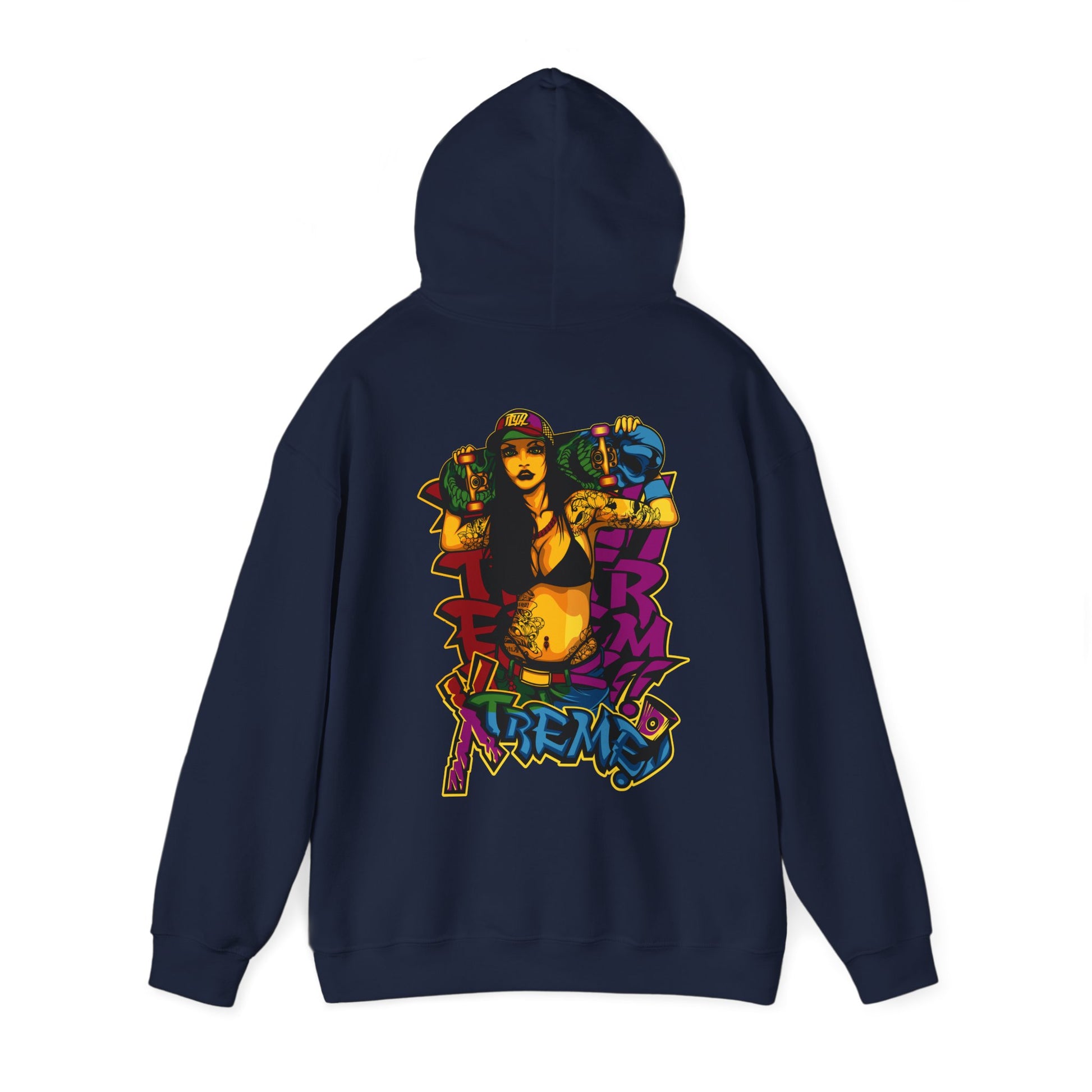 Luxurious navy hoodie featuring vibrant street art graphic of a confident girl with skateboards, epitomising contemporary skate culture.