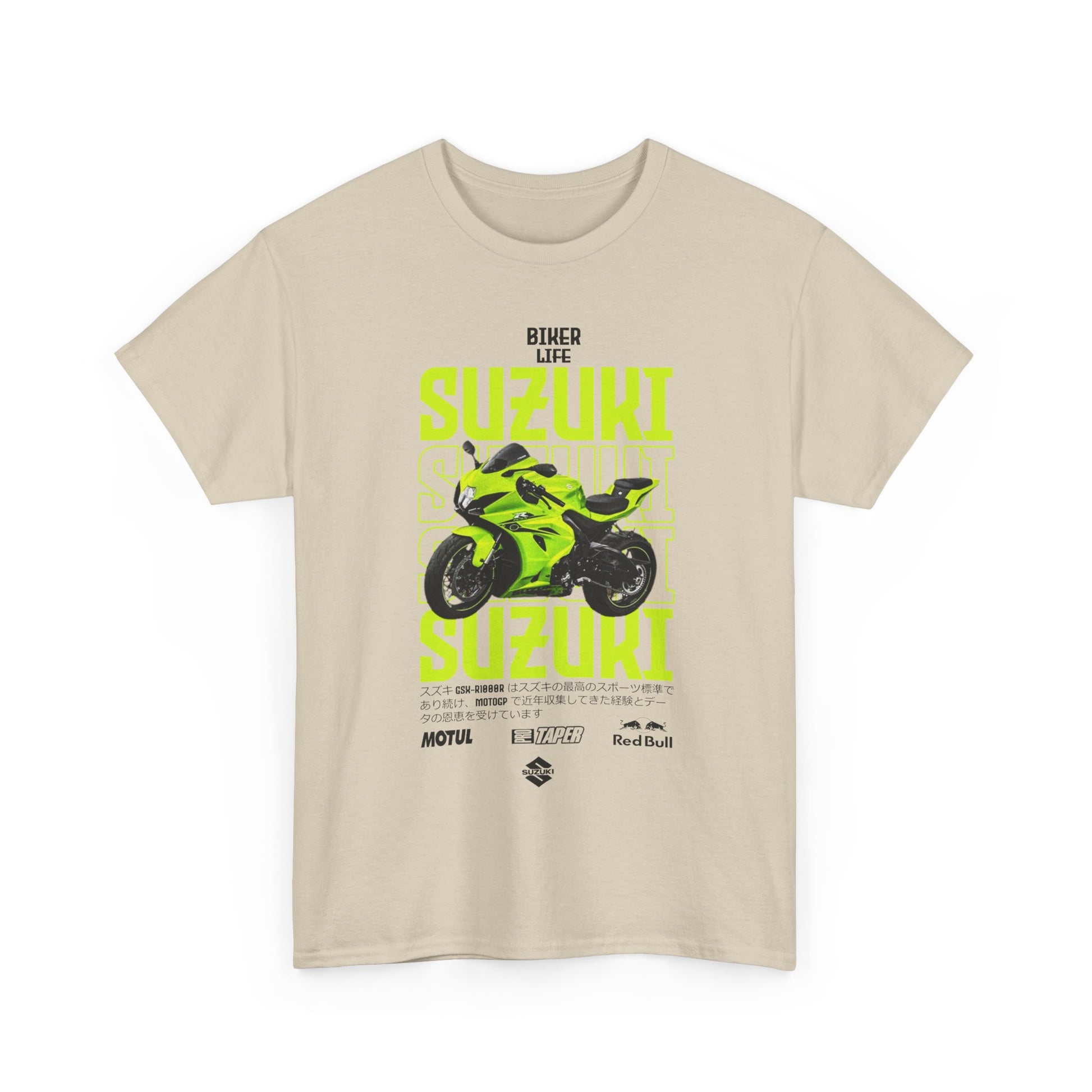 Front view of a premium beige men's t-shirt adorned with an eye-catching Suzuki GSX-R graphic, highlighting vibrant colours and bold typography, celebrating biker culture and speed.