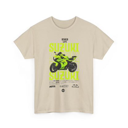 Front view of an elegant beige t-shirt featuring a bold Suzuki GSX-R graphic, celebrating biker culture with contemporary styling.