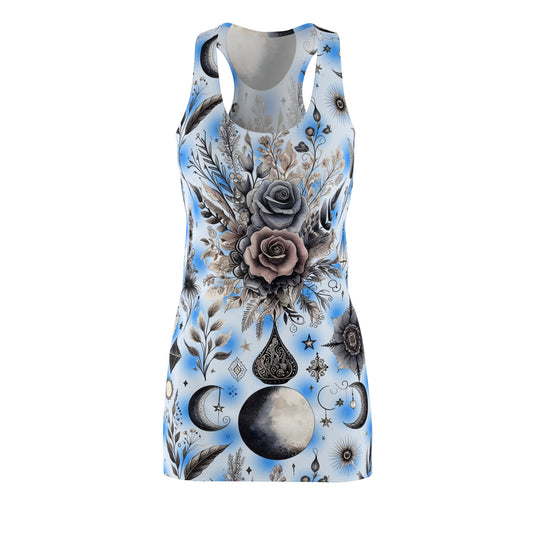 Chic Women's Racerback Dress featuring a stunning floral and celestial design, perfect for summer gatherings.
