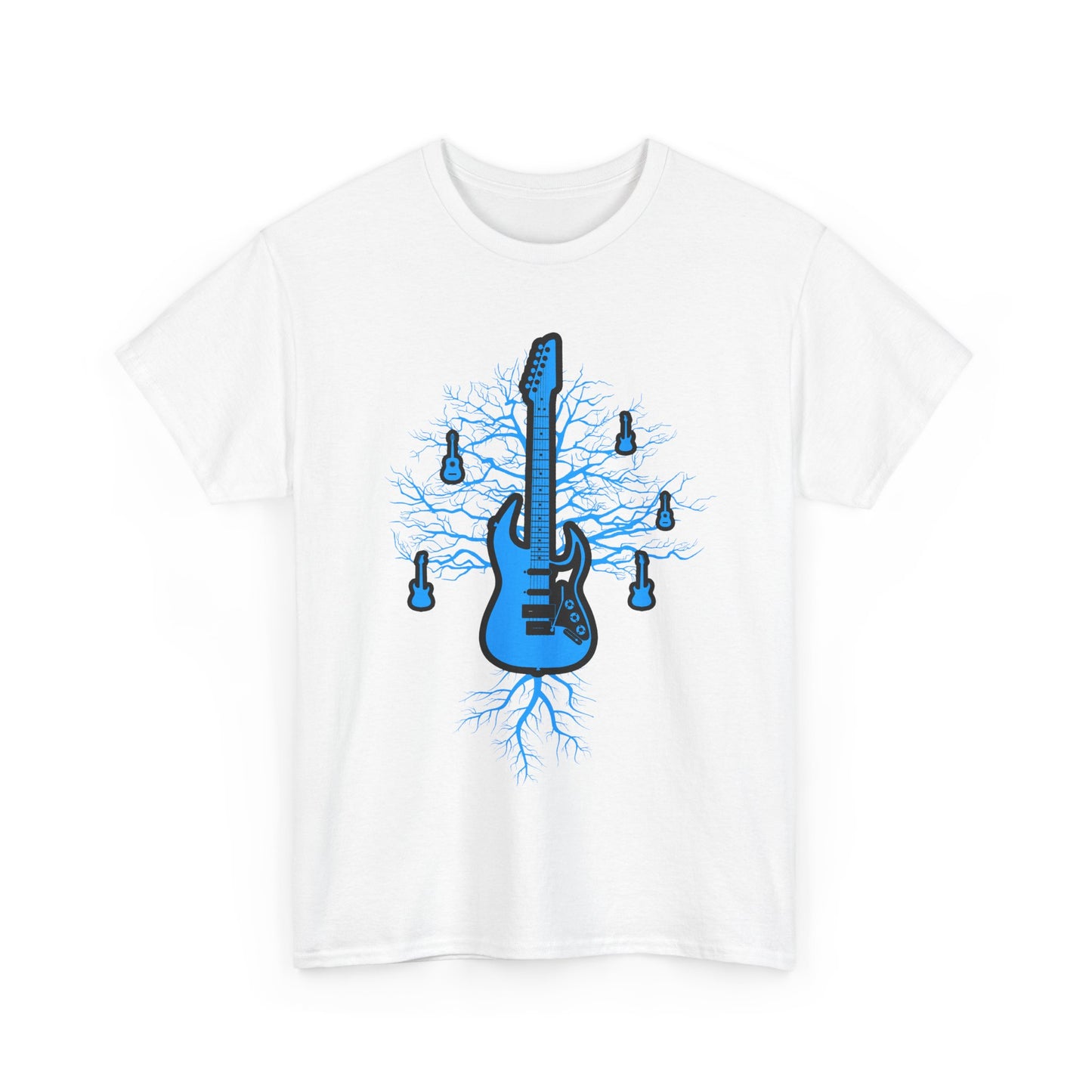 Stunning electric guitar graphic on a white men's t-shirt, featuring a captivating design of intertwining tree roots and musical elements, perfect for music enthusiasts.