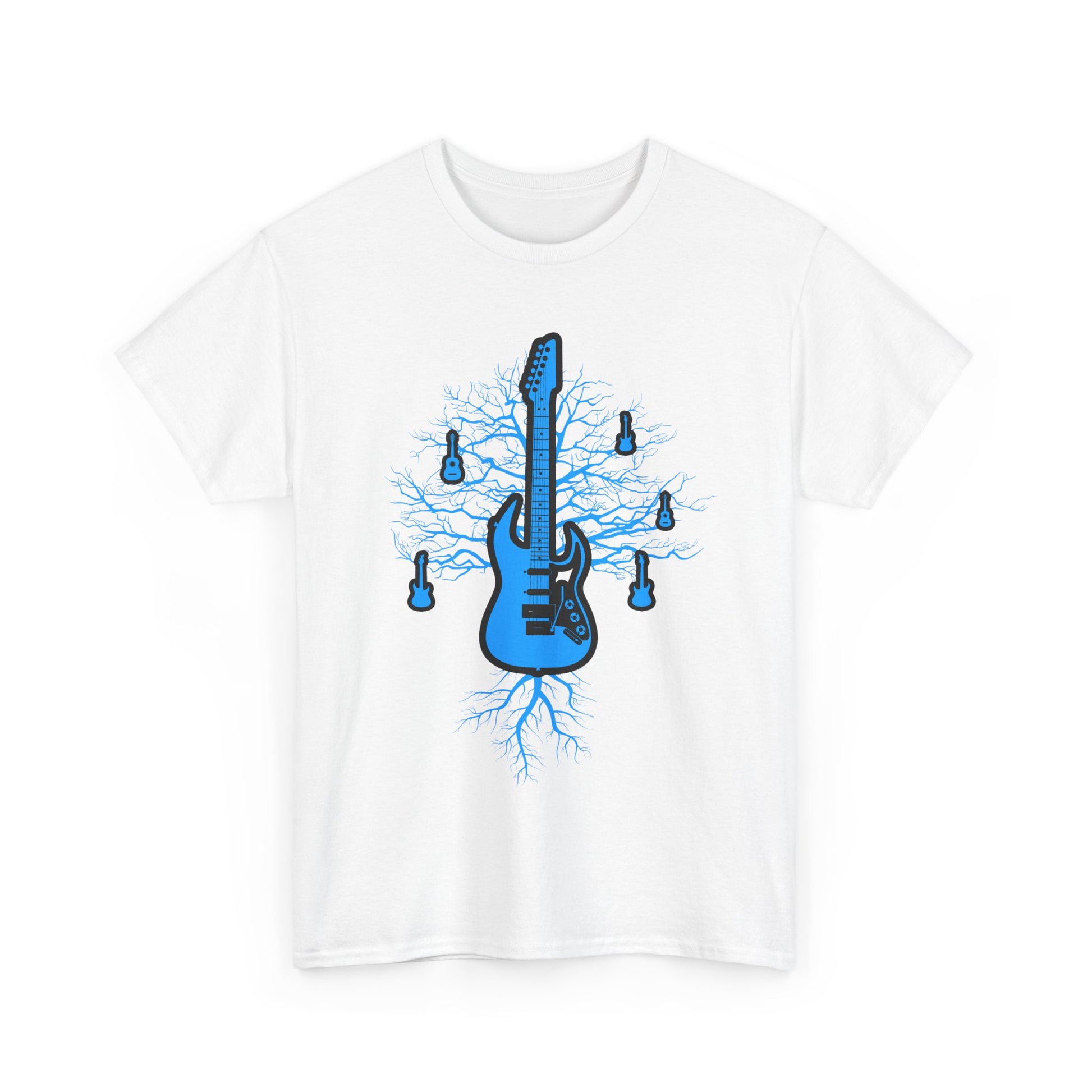 Stunning electric guitar graphic on a white men's t-shirt, featuring a captivating design of intertwining tree roots and musical elements, perfect for music enthusiasts.